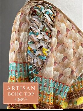 Cluny Wearable Art Boho Peasant Blouse Lattice Shoulder Anthro Style Top 8